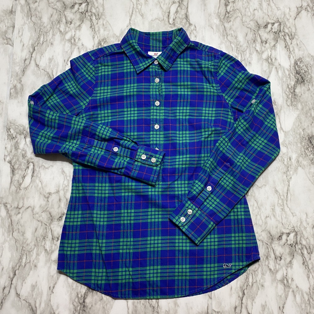 Vineyard Vines Women's Shirt Size 0 Blue Green Plaid Flannel Long Sleeve EUC